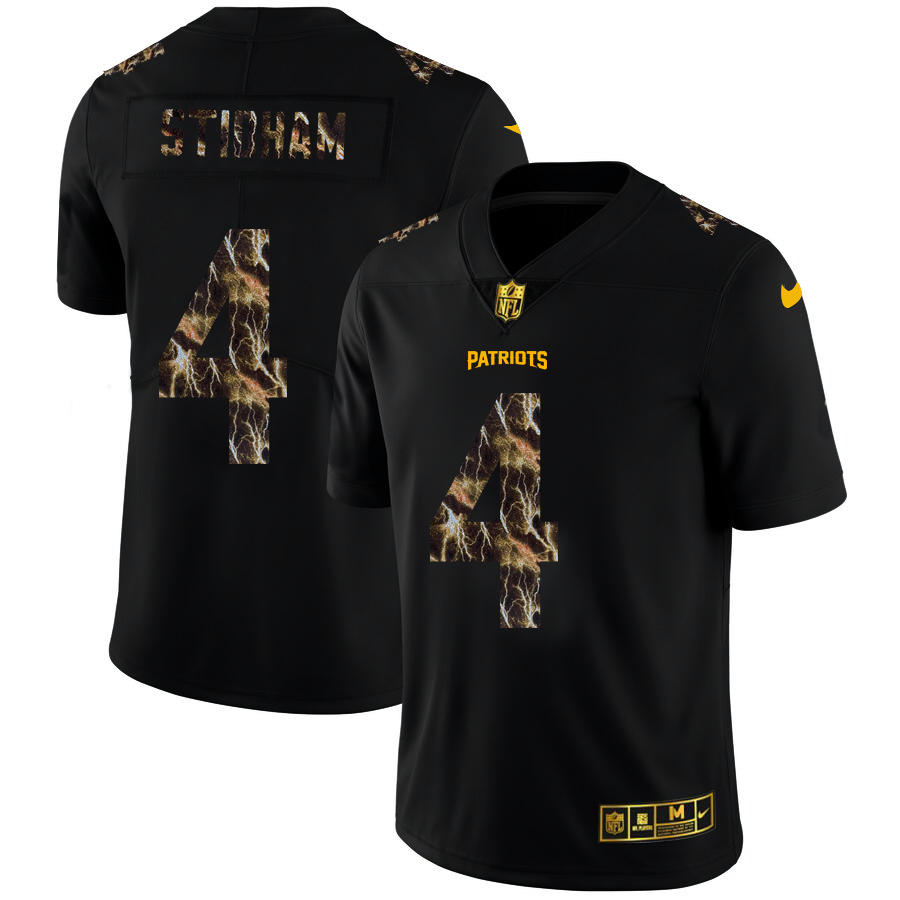 2020 New England Patriots #4 Jarrett Stidham Men Black Nike Flocked Lightning Vapor Limited NFL Jersey